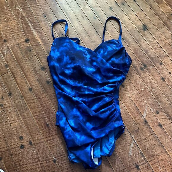 Aqua Green blue tie dye modest one piece ruched swimsuit - Picture 1 of 3